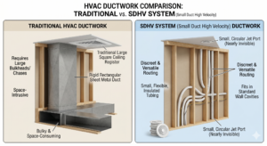 Gemini generated side by side comparison of traditional HVAC ductwork and SDHV system ductwork