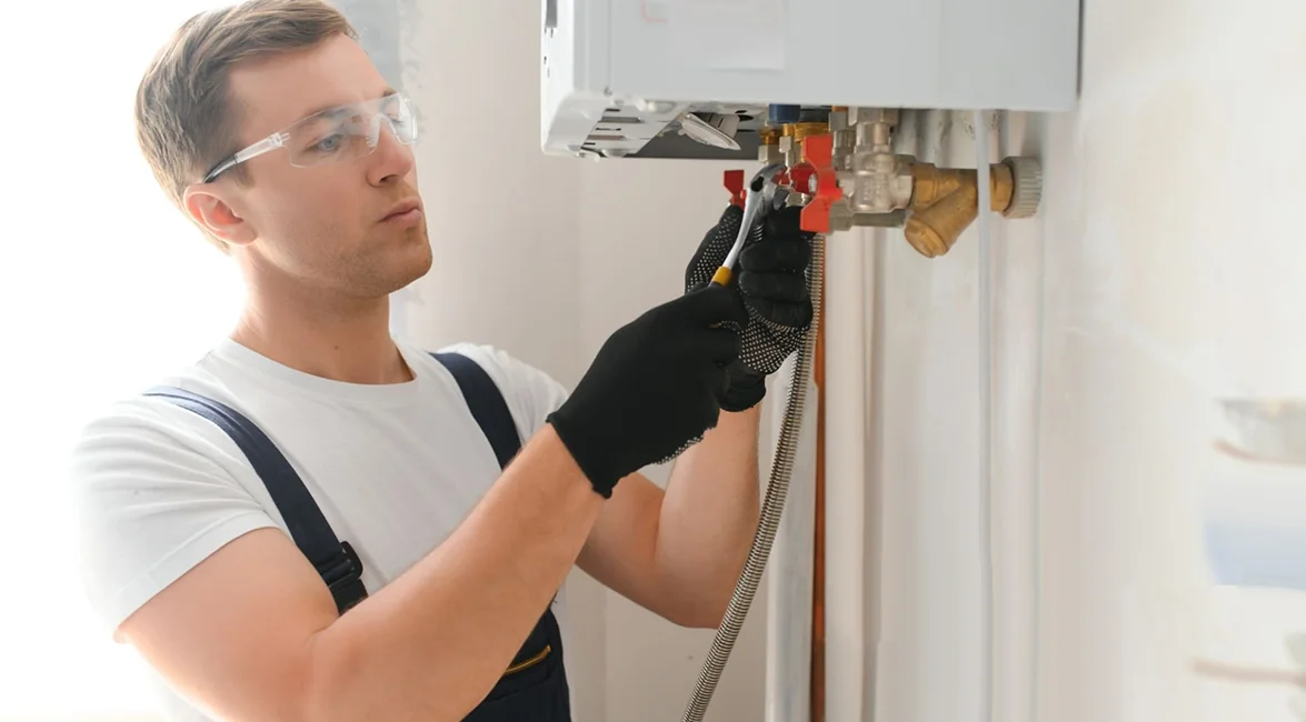Heating service technician working on a heating unit