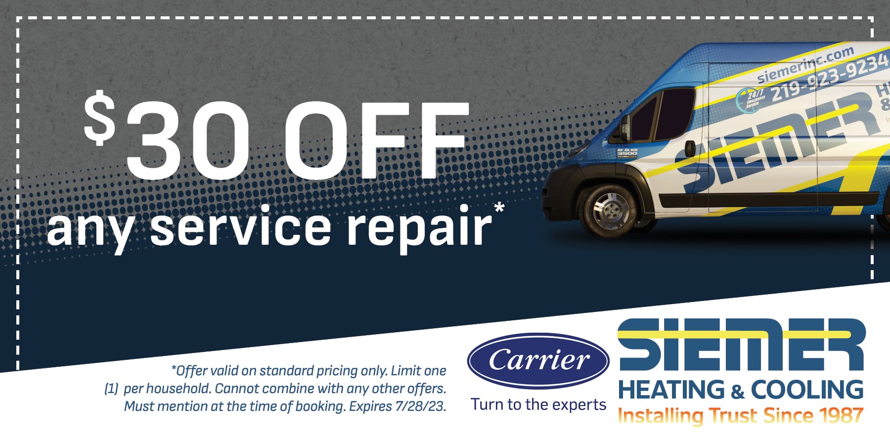 $30 off any service repair, offer valid with standard pricing only. Expires 7/28/23.
